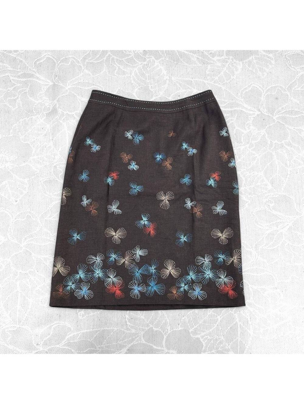 Alfani Notlia Brown Floral Embroidered Knee Linen Length Pencil Skirt - Size 10